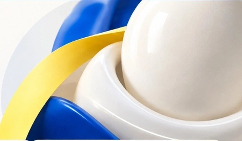 Sculptural render of a tooth wrapped in blue and yellow ribbons